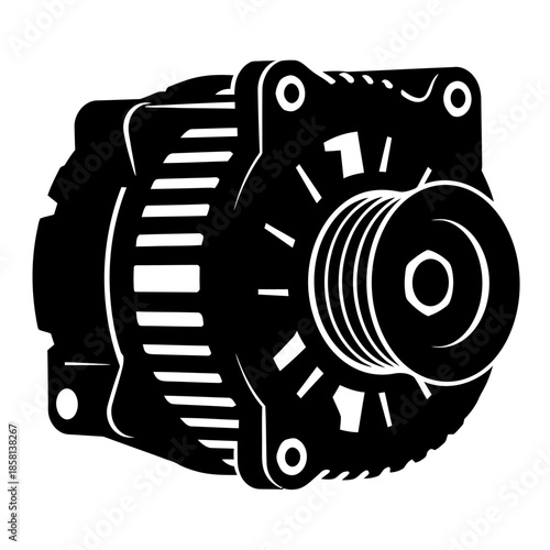 Automotive car alternator vector illustration in black and white silhouette style for engine electrical system maintenance and repair