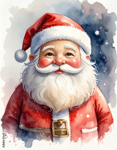Watercolor Portrait of Santa Claus with a Warm Smile and Rosy Cheeks.