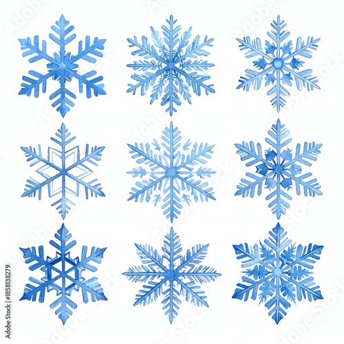 Watercolor Blue Snowflakes Set Isolated on White Background.
