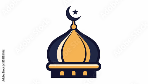Stylized vector illustration of a mosque dome with a crescent moon and star, representing Islamic faith and cultural heritage, perfect for religious holiday greetings and spiritual design projects