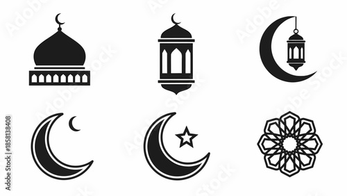 Diverse Vector Icons Representing Islamic Heritage and Faith, Featuring Architectural Elements, Celestial Symbols, and Geometric Art for Cultural Design Projects