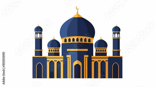 Vibrant Blue and Gold Islamic Mosque Illustration with Minarets and Dome