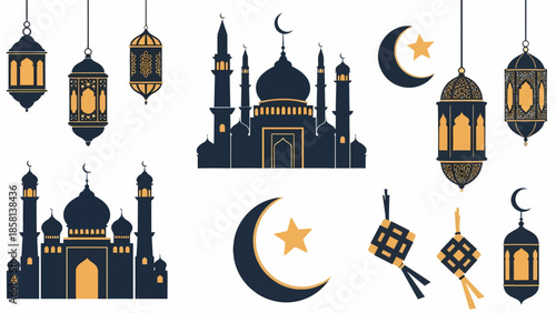 Islamic Celebration Essentials Collection Mosques, Traditional Lanterns, Crescent Moons, and Ketupat for Ramadan and Eid Festivities