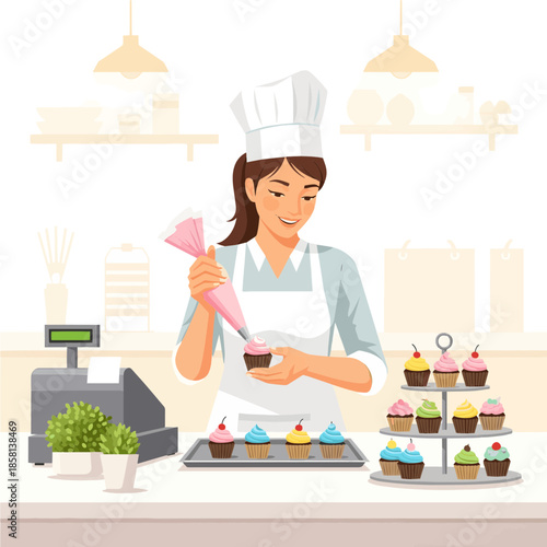 Smiling female baker meticulously decorates freshly baked cupcakes with colorful frosting in a cheerful, modern bakery kitchen environment