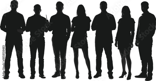 Diverse Business Team Silhouettes, Professional Men And Women Standing Together, Corporate Group Portrait, Success, Unity, Collaboration, Leadership, Career, Workforce, Community, Growth.