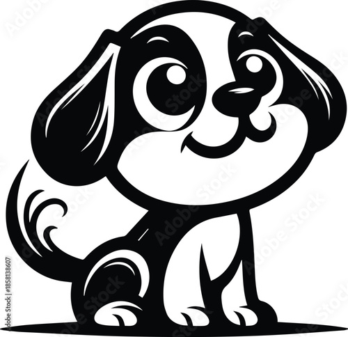 Puppy Cartoon Silhouette Vector | Adorable Black & White Clipart