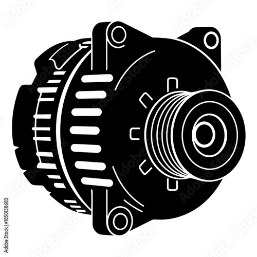 Automotive car alternator vector illustration in black and white silhouette style for engine electrical system maintenance and repair