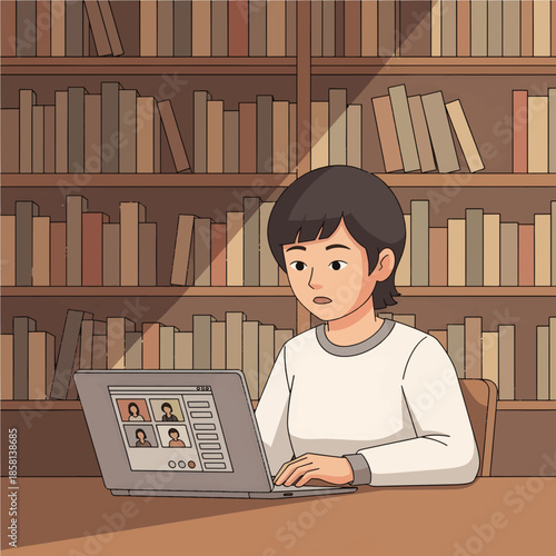 A person attends a virtual meeting with colleagues on a laptop, surrounded by bookshelves