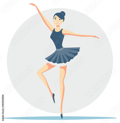 Cartoon ballerina in a blue tutu dancing on a light grey background.
