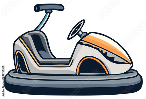 Cartoon style bumper car with rounded edges and a steering wheel for amusement park fun