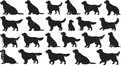 Black silhouette collection of dogs in various poses including sitting, walking, and standing for pet design, decoration, and vector art