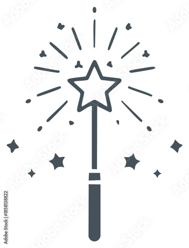 Sparkling magic wand with radiating light bursts and small stars in dark gray outline