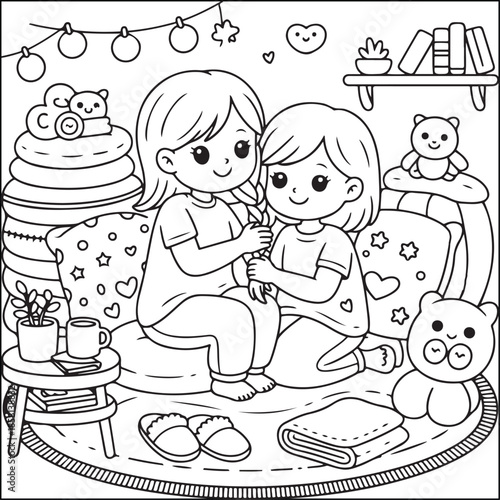 Cozy Friendship: Two girls create beautiful friendship moments and sharing lovely bond of affection, surrounded by warm ambiance of intimacy and close comfort.