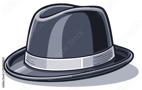 Illustration of a classic fedora hat with brim and decorative band for formal style