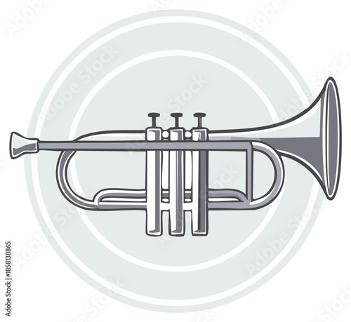 Illustration of a classic silver trumpet with three valves and a flared bell