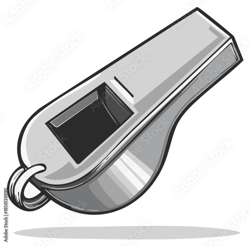 Classic silver referee whistle illustration with metallic sheen and bold outline