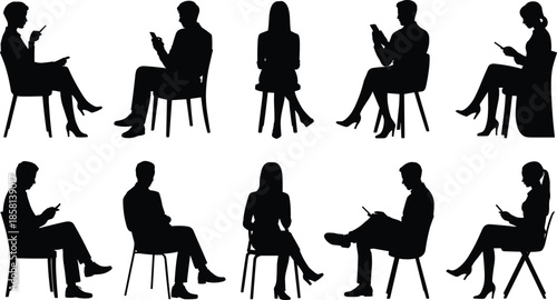 Black silhouette collection of people sitting on chairs using smartphones and tablets for digital lifestyle, tech design, and modern concepts