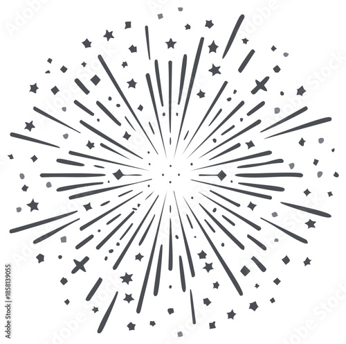 Abstract burst of lines and stars radiates from a central point creating a festive starburst explosion effect
