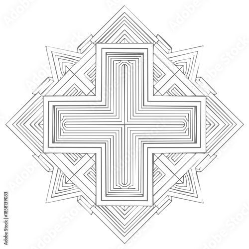 Intricate geometric cross design with layered lines emanating from a central cruciform shape in grayscale