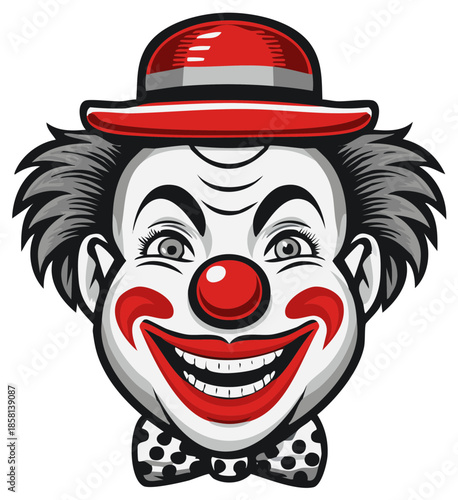 Smiling Clown Head with Red Hat, Rouge, and Bowtie, Vector Graphic