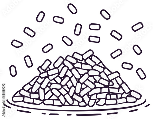 Abstract illustration of scattered pills forming a heap, with some falling, on a plate.