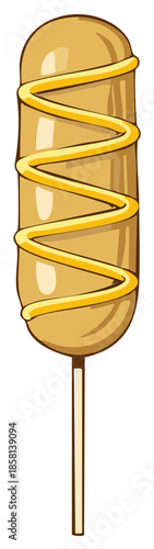 Cartoon corn dog with mustard illustration on a stick isolated