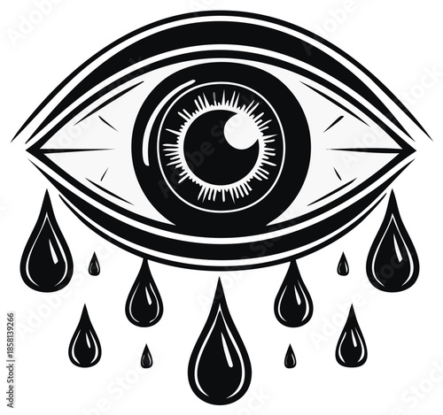 All-Seeing Eye with Tears - Icon of Vision, Sadness, or Revelation in Black and White Style