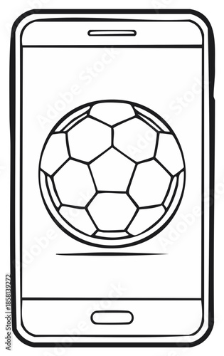 Smartphone screen displaying a soccer ball illustration, mobile app sport score, doodle sketch line art style, vector rendering