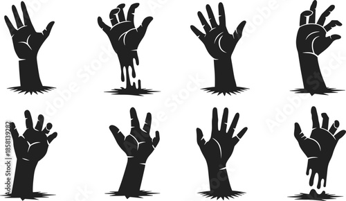 Black silhouette of zombie hands rising from ground in horror poses for Halloween, undead themes, spooky design, and decorations
