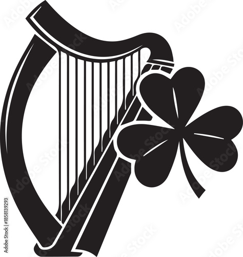 Black silhouette of a harp with a shamrock clover leaf