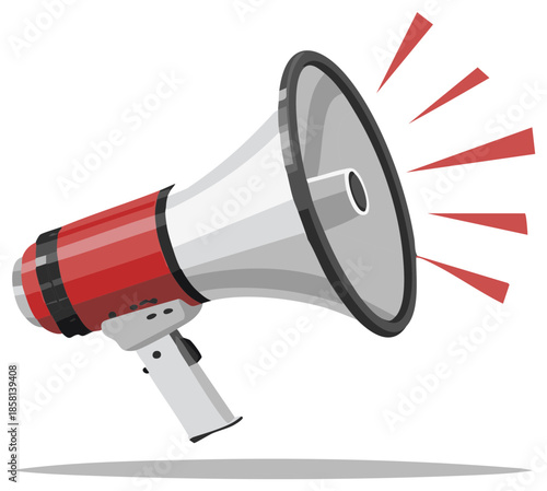Retro red and white megaphone broadcasting sound waves for communication announcement or warning
