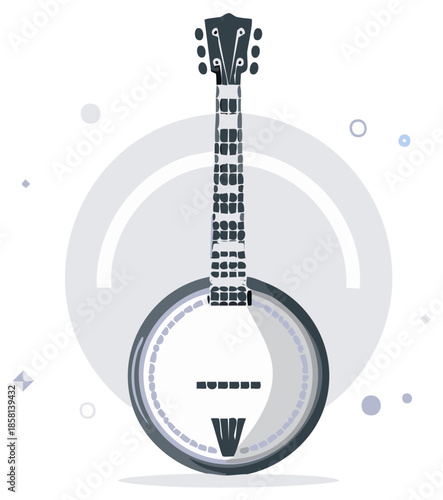 Illustrated Banjo Instrument: Stringed Musical Instrument with Frets and Peghead in Flat Style