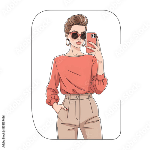Fashionable young woman capturing a stylish selfie with her smartphone, posing for social media content