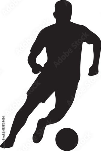 Dramatic black silhouette of a soccer player in action, running with the ball.
