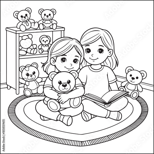 Sweet Companionship: Two young girls, immersed in a world of shared tales and cuddly teddies, find joy and connection in a cozy indoor setting.