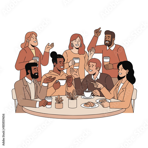 Diverse group of friends enjoying coffee and conversation at a cafe table