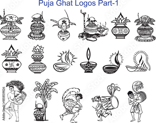 Hindu Puja Ghat Symbols Vector Collection – Religious Festival Line Art Icons