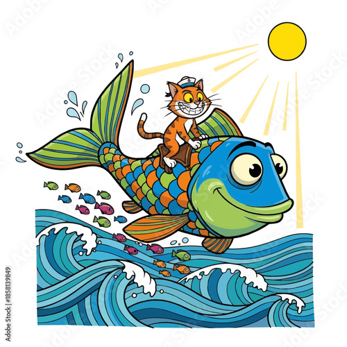 An adventurous feline friend joyfully navigates the vibrant ocean atop a magnificent, patterned fish under a bright sun