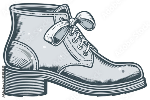 Fashionable ankle boot illustration with ribbon tie, side view, classic design, ornate details, charming footwear graphic artwork