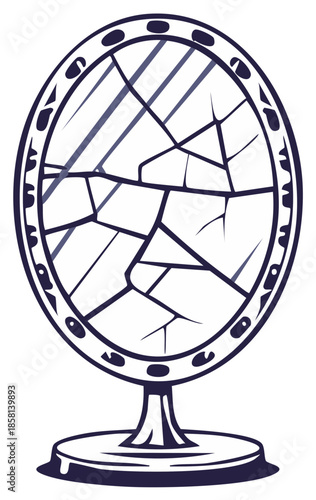 Antique oval hand mirror with a cracked glass surface and decorative frame