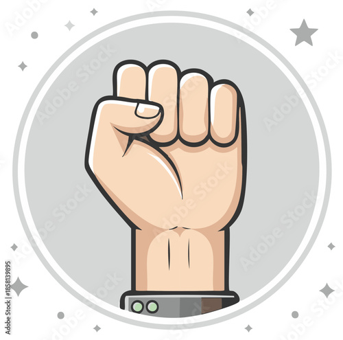 Fist raised in power and protest, isolated in circle with stars