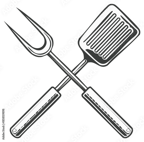 Crossed Barbecue Spatula and Fork Sketch Ready for Grilling Outdoors Delicious Cookout with Friends and Family