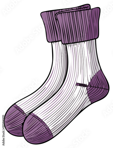 Cozy pair of striped purple and white knit socks with ribbed cuffs and reinforced toe and heel