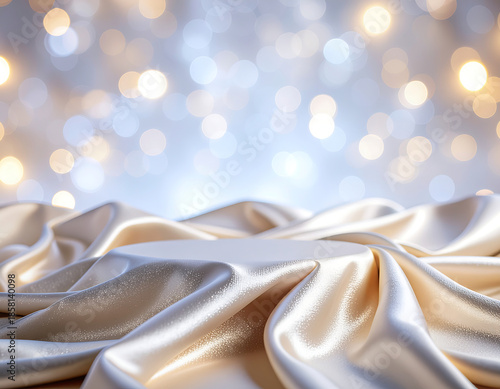 A luxurious podium made of draped silk satin fabric in champagne gold color 