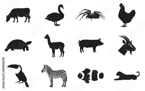 Silhouette of various animals isolated on transparent background