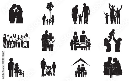 Collection of family and social silhouettes isolated on transparent background