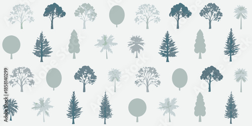A collection of stylized tree silhouettes in varying shades of blue and gray