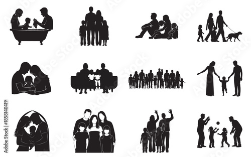Collection of people and family silhouettes isolated on transparent background