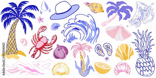 A colorful illustration of tropical elements palm trees sea creatures and summer accessories