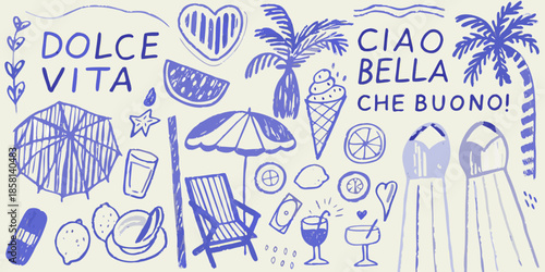 Italian summer doodles sketches of beach items and sweet phrases